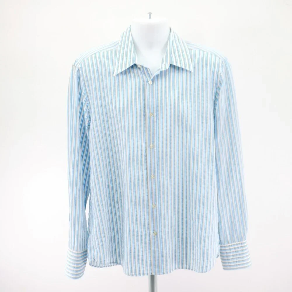 Hugo Boss Slim Fit Blue Tan‎ White Striped XL Collared Dress Shirt Long Sleeve - Picture 4 of 10